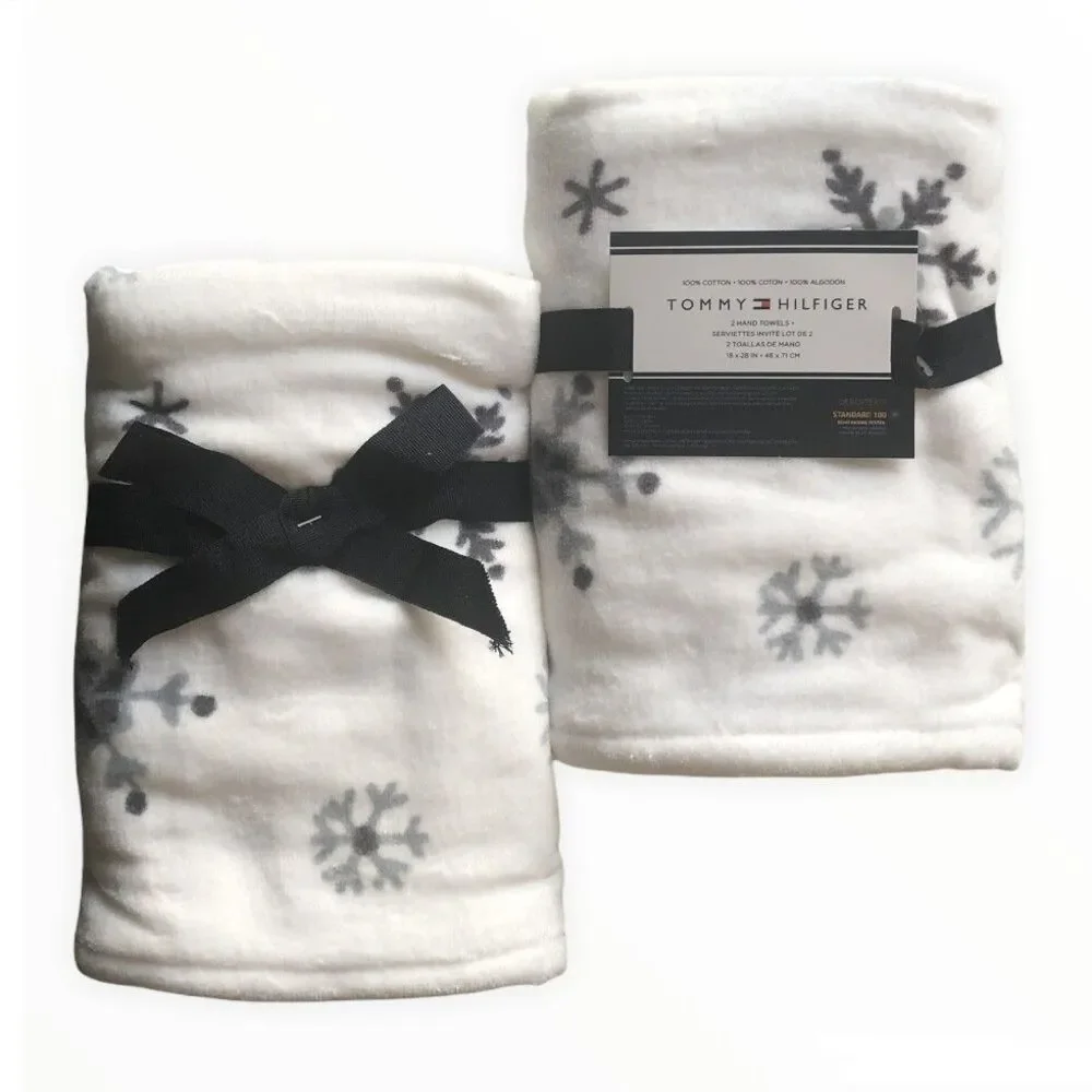 Tommy Hilfiger Christmas Hand Towels Set of 2 Bathroom Holiday White Snowflake